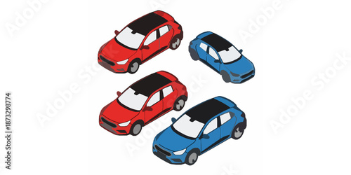 Modern passenger crossover car isometric icon set red and blue isolated on solid white background vector