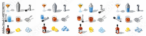 Isometric Bar Tools and Cocktail Ingredients Vector Set: Shakers, Jiggers, Glassware, Lemon, Ice, and Liquor Bottle for Professional Mixology.