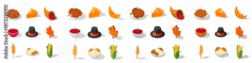 Isometric Thanksgiving and Harvest Icons Set with Traditional Holiday Foods and Symbols like Turkey, Pie, Cornucopia, and Pilgrim Hat.