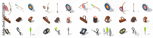 Isometric Archery Equipment Collection: Bows, Arrows, Targets, Quivers, and Accessories Set for Sport, Practice, or Hunting.