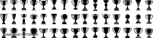 Collection of black trophy and award cup silhouettes. Vector icons of winning, success and achievement symbols for sports, business, competitions and design projects.
