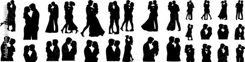 Collection of romantic couple silhouettes in love poses. Black vector figures for wedding designs, Valentine projects, invitations, cards, prints and romantic branding.
