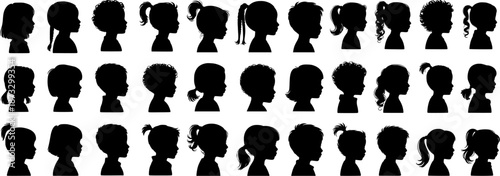 Set of children profile silhouettes with different hairstyles and ages. Black vector kid head icons for education, healthcare, design, infographics and print projects.