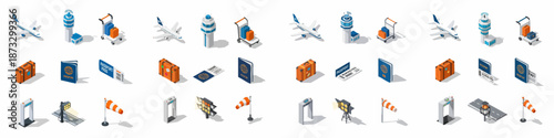 Detailed Isometric Airport and Air Travel Icons Set with Aircraft, Control Tower, Luggage, Passports, and Security Elements on White Background.