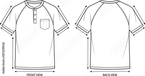 Tableau sur toile Henley shirt sketch, raglan sleeve design, chest pocket, button placket, measure