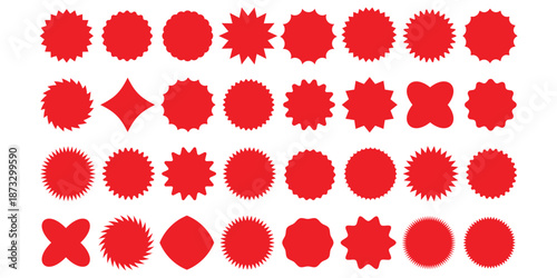 Set of circles with zigzag edges, Sunburst sticker shapes, Rounded starburst zigzag badge, spiky oval, circle and star shaped price tag, discount and sale label stickers, sale badge offer promo tag