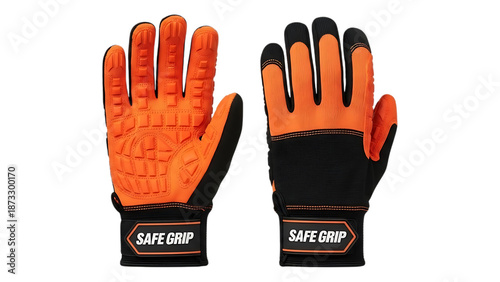 High visibility orange and black safe grip work gloves for protection and grip on transparent background