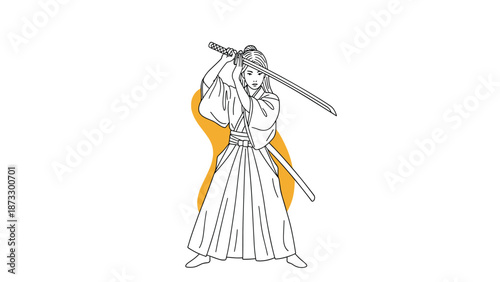 Artistic line drawing of a female warrior dressed in traditional Japanese clothing holding a sharp katana sword in combat pose.