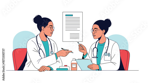 Two professional female doctors in lab coats and stethoscopes having a serious discussion about medical records and treatment plans.