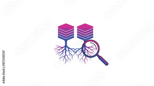 Digital data analysis concept featuring a magnifying glass inspecting purple server stacks with branching tree roots on white background.