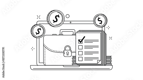 Online business and financial management concept showing a laptop with a secured briefcase, checklist and floating dollar currency coins.