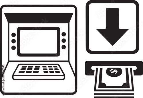 ATM machine icon with cash dispensing and deposit symbol Keywords: ATM, automated teller machine, cash