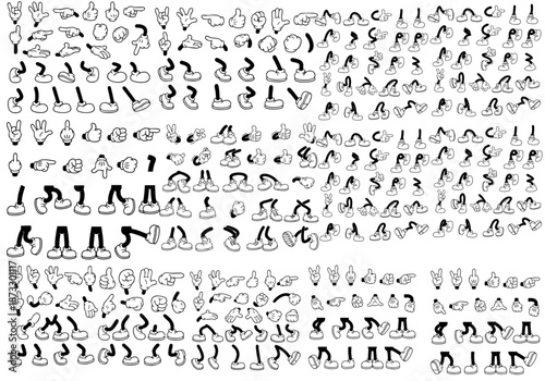 Retro cartoon legs and hands, Hands with gloves and feet with boots, various poses for characters, a set of poses, gestures, placement of hands and feet. Mascot character set. Cartoon set of limbs