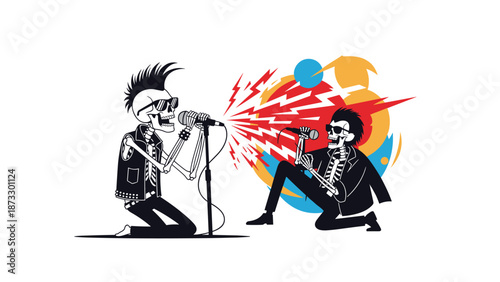 Fun and edgy rock music concept featuring two punk skeletons with mohawks and leather jackets singing loudly into microphones.