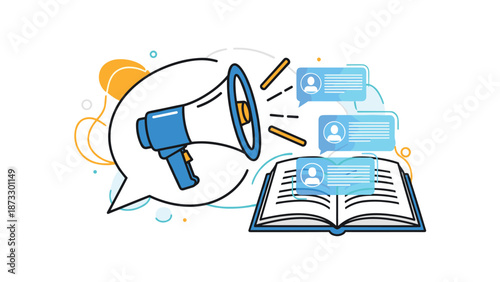 Megaphone inside speech bubble next to an open book with message icons represents audiobook marketing or digital communication.