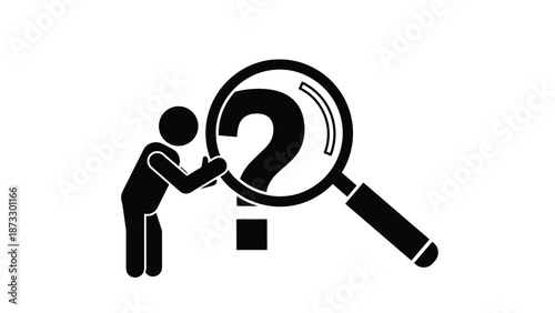 Black silhouette illustration of a man using a magnifying glass to investigate a large question mark symbol for research.