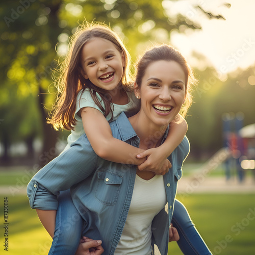 Smiling mother carrying young daughter on her back in a sunny park with green grass and trees