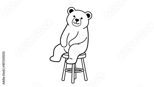 Minimalist line art illustration of a cute teddy bear sitting calmly on a tall wooden stool against a plain background.