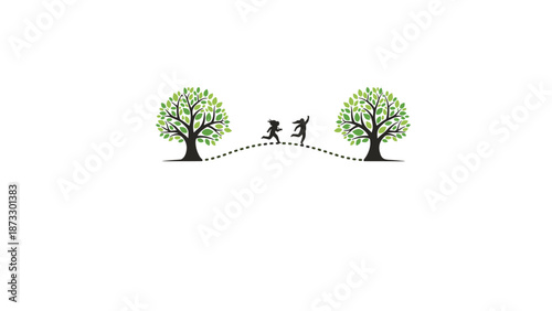 Silhouette illustration of two children joyfully running along a dotted path between two lush green deciduous trees.