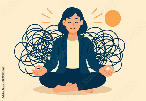 Stress management, meditation or relaxation to reduce anxiety, control emotion during problem solving or frustration work concept, woman in lotus meditation on chaos mess line with positive energy.
