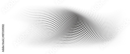 Flowing Wave Dot Halftone Pattern: Curve Gradient Shape on Transparent Background. Suitable for AI, Tech, Network, Digital, Science, and Technology Themes.