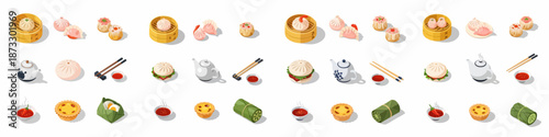Isometric collection of traditional Chinese Dim Sum dishes including dumplings, steamed buns, egg tarts, teapots, and chopsticks, isolated on white background.