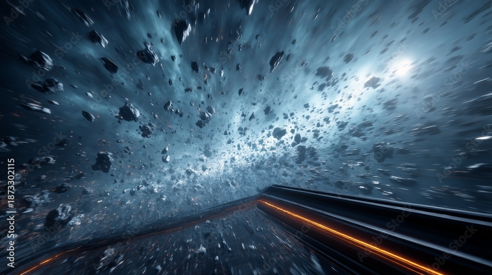 Fototapeta premium Estética sci-fi para visuales de marca, Campo de asteroides con luz azul y naranja, Rocas espaciales en movimiento con destellos de luz, Fondo futurista para videojuego espacial
