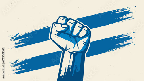 Raised fist graphic in blue and white brushstroke style  