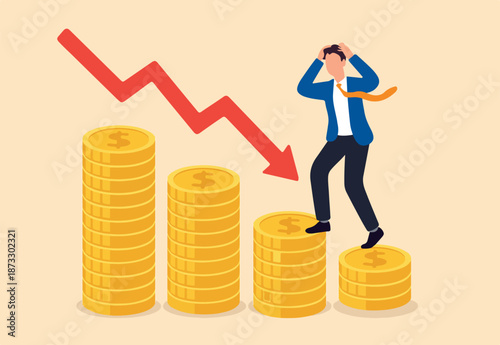 Loss money investment mistake failure, risk or debt crisis recession, expense or spending causing money decrease or decline, bankruptcy concept, businessman on money coins stack wealth losing value.