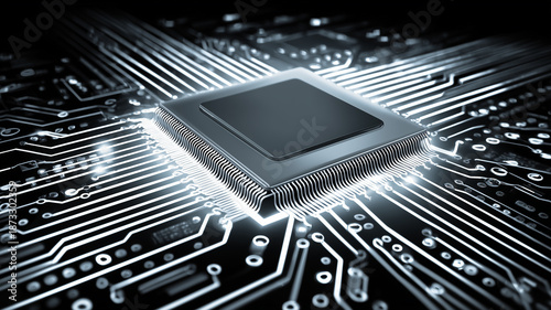 A detailed microchip embedded in a circuit board illustrating computing power digital processing and advanced semiconductor technology concept.
