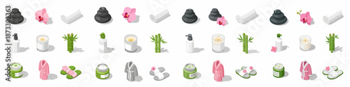Isometric Spa and Wellness Objects Set: Massage Stones, Orchids, Towels, Candles, Lotions, Bathrobes, and Slippers for Relaxation Concepts.