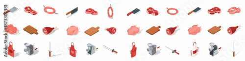 Isometric icons set of butchery and meat shop elements including raw steak, sausages, chicken, cleavers, cutting boards, aprons, and meat grinder equipment on white background.