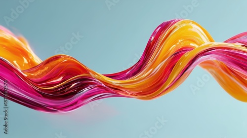 Onda abstracta en tonos rosa, naranja y amarillo sobre fondo celeste, Imagen de tendencia con estética de fluidos iridiscentes, Forma fluida con degradado de color vibrante