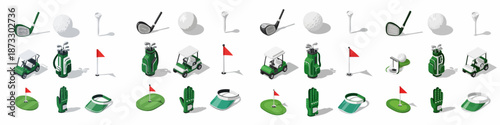 A detailed isometric golf equipment icon collection including clubs, balls, tees, carts, bags, flags, gloves, and visors for sports graphics.