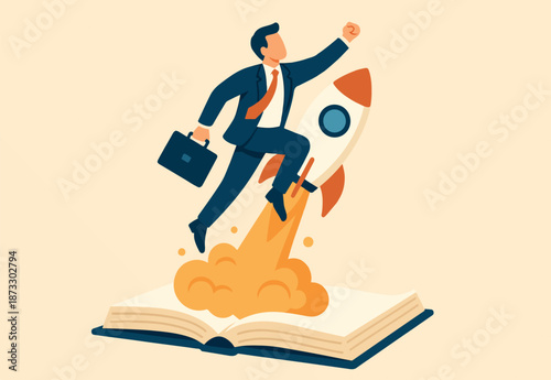 Learning and education, training or innovation to study, launch new project rocket, inspiration or growth achievement, invention concept, businessman with rocket launcher boost from education book.