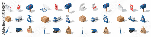 Comprehensive isometric icon set for postal delivery, logistics, shipping, mail transport, and customer service elements.