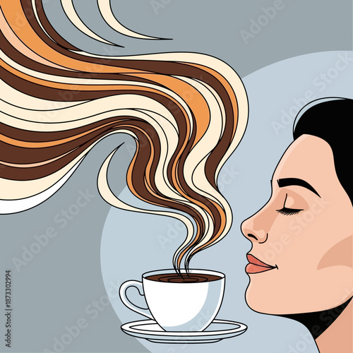 Aromatic Coffee Bliss: A woman is depicted savoring the delightful aroma of freshly brewed coffee, exuding serenity as she closes her eyes, a testament to the simple pleasures of life.