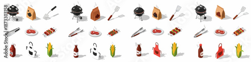 Isometric BBQ and Grilling Elements Set featuring a grill, charcoal, tools, steak, kebabs, corn, sauce, and apron, perfect for outdoor summer cooking concepts.