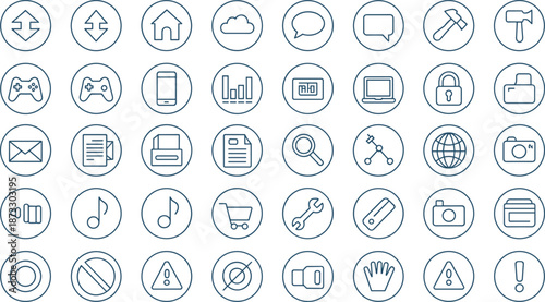 Outline user interface icon set with navigation device media communication ecommerce security symbols for web and mobile apps