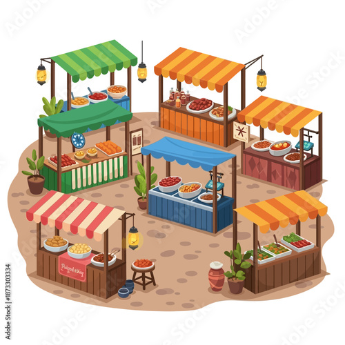 Bustling Food Stalls: A vibrant illustration showcasing an array of food stalls at a market, brimming with various culinary delights and a warm, inviting atmosphere.