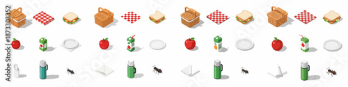 Isometric Picnic Items Set: Basket, Blanket, Sandwich, Fruit, Juice, Thermos, Plate, Napkin, and Ant Icon Collection.