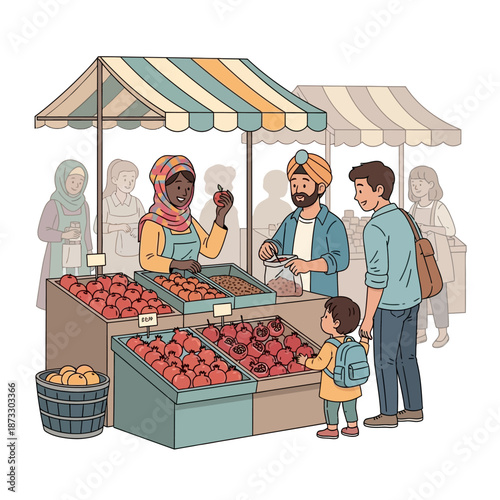 Market Scene: A bustling outdoor market, filled with colorful stalls and the lively interactions of people buying and selling fresh produce. Capturing the essence of community, commerce.