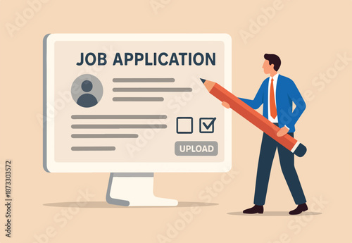 Online job application, career or employment submission form, candidate recruitment, job search or resume and CV document upload concept, businessman hold pencil fill in computer job application form