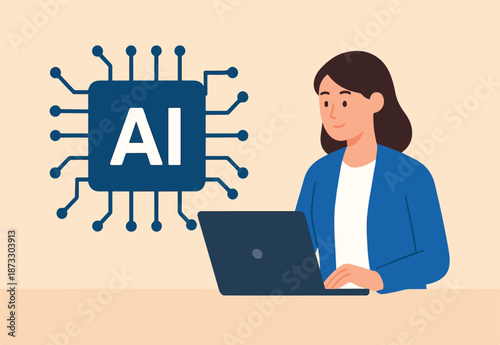 Working with AI artificial intelligence, technology helping or support success work, AI prompt engineer or robot assistance concept, woman work with computer laptop on AI artificial intelligence chip.