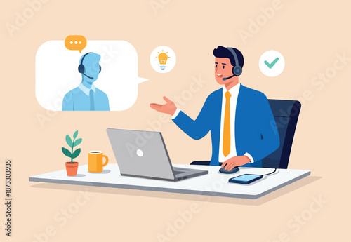 Support staff help fixing technical problem, help desk or operator with phone call or chat to assist customer concept, helpful man with headset talking with customer help solve computer problem