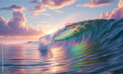 Giant ocean wave with colorful rainbow reflections under a vibrant sunset sky