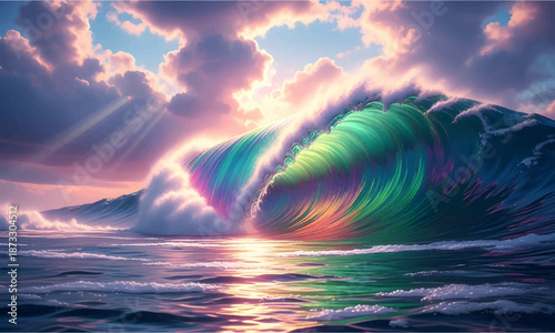 Vibrant Rainbow Colored Ocean Wave Breaking Under Dramatic Sunset Sky with Sun Rays
