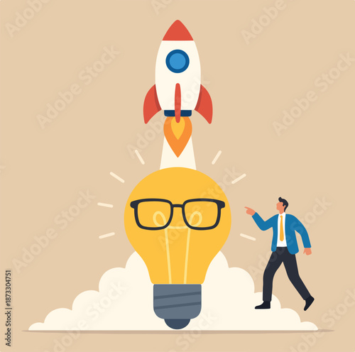 Innovation to launch new idea, entrepreneurship or startup, creativity to begin business or breakthrough idea concept, innovative rocket launch flying high from opening bright lightbulb idea