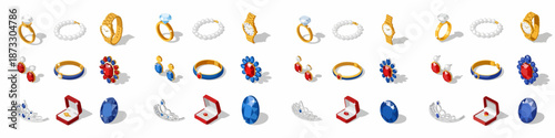 Isometric set of luxury jewelry and gemstones, including diamond rings, pearl bracelets, gold watches, tiaras, and precious stones, isolated on white background.