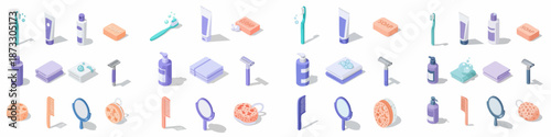 A colorful isometric set of personal care and hygiene products, including soap, toothbrush, toothpaste, towels, and razors, displayed on a white background.